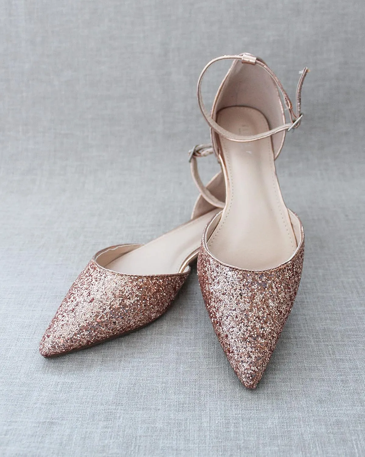 KAILEE P Rock Glitter Pointy Toe Flats with Ankle Strap, Wedding Shoes, Bridesmaids Shoes, Prom Shoes, Party Shoes, Bridal Flats
