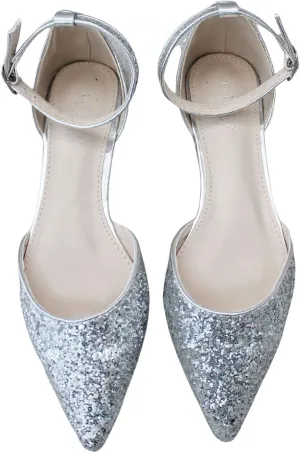 KAILEE P Rock Glitter Pointy Toe Flats with Ankle Strap, Wedding Shoes, Bridesmaids Shoes, Prom Shoes, Party Shoes, Bridal Flats