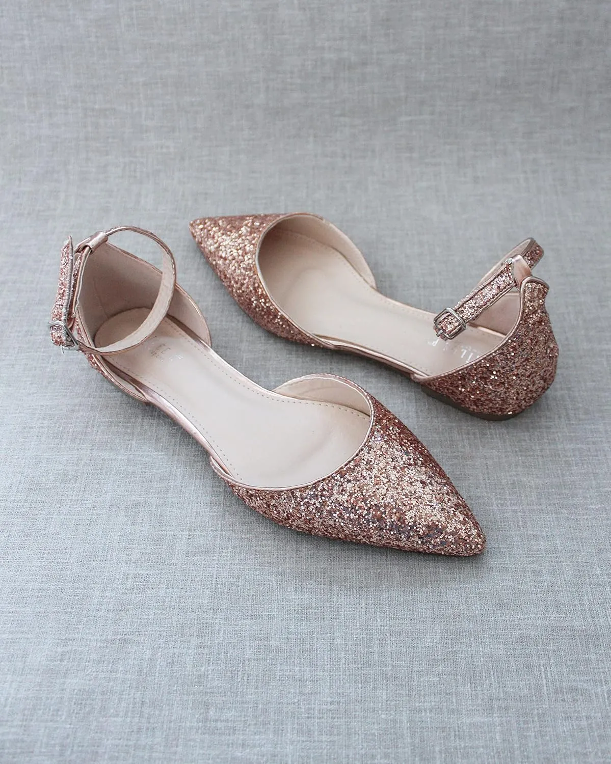 KAILEE P Rock Glitter Pointy Toe Flats with Ankle Strap, Wedding Shoes, Bridesmaids Shoes, Prom Shoes, Party Shoes, Bridal Flats