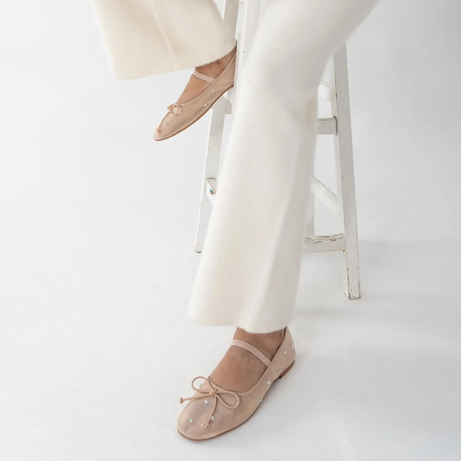 KaroNairy Nude Crystal Mesh Ballet Flats for Women Stretch Band Snip Toe Ballerinas Flats Gem Mary Jane Sparkly Flats