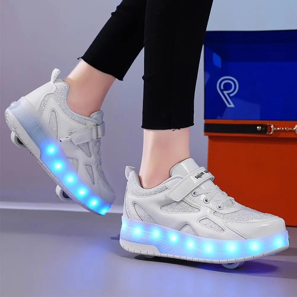 Kids Shoes with Double Wheels - Upgraded Kids Roller Shoes for Gifts, Retractable Wheels Skateboarding Shoes for Kids Sneakers Light Up Rechargeable for Birthday Party Gift