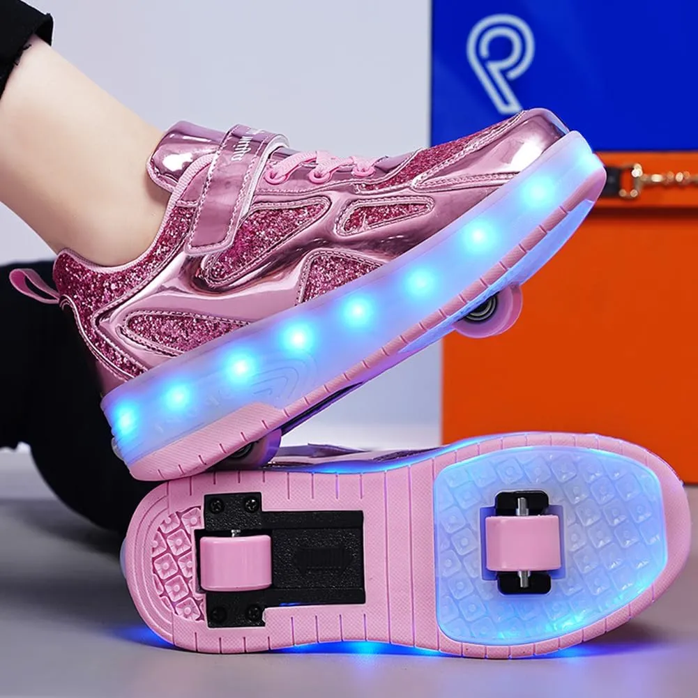 Kids Shoes with Double Wheels - Upgraded Kids Roller Shoes for Gifts, Retractable Wheels Skateboarding Shoes for Kids Sneakers Light Up Rechargeable for Birthday Party Gift