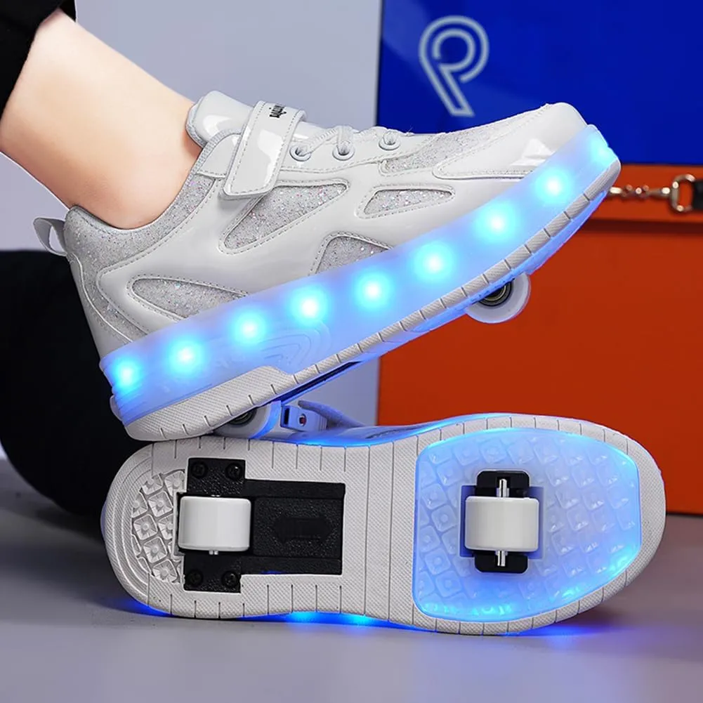 Kids Shoes with Double Wheels - Upgraded Kids Roller Shoes for Gifts, Retractable Wheels Skateboarding Shoes for Kids Sneakers Light Up Rechargeable for Birthday Party Gift
