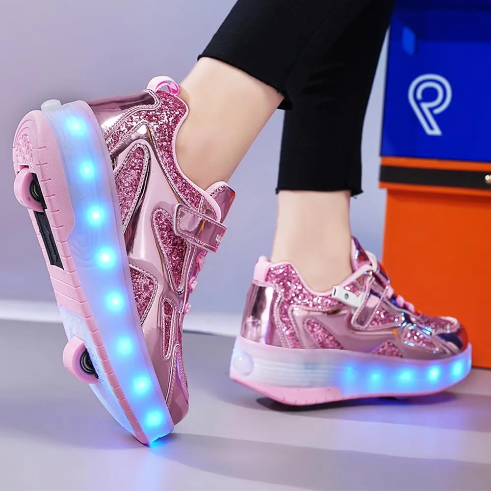 Kids Shoes with Double Wheels - Upgraded Kids Roller Shoes for Gifts, Retractable Wheels Skateboarding Shoes for Kids Sneakers Light Up Rechargeable for Birthday Party Gift