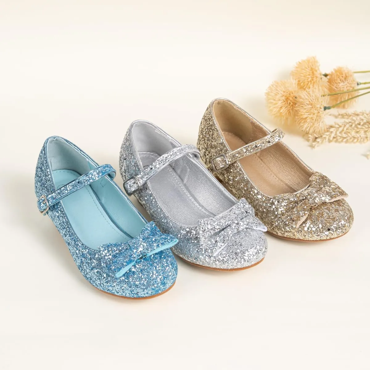KIDSUN Toddler Little Girls Dress Shoes Heel Mary Jane Bow Flower Wedding Party Shoes Glitter Princess Shoes Flats (Toddler/Little Kid)