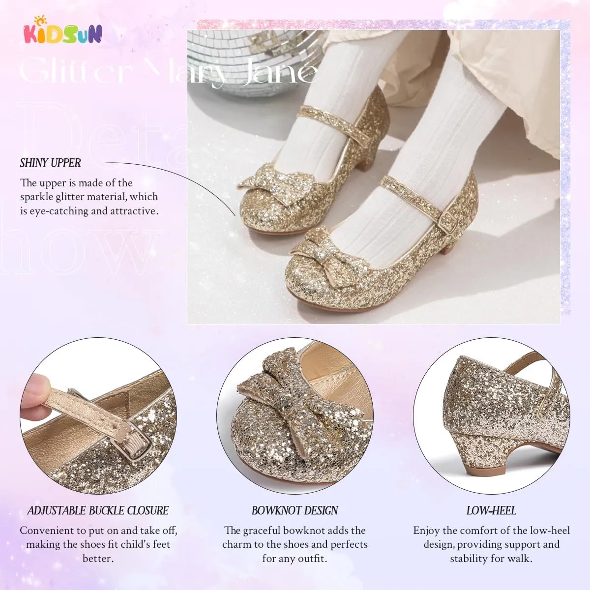 KIDSUN Toddler Little Girls Dress Shoes Heel Mary Jane Bow Flower Wedding Party Shoes Glitter Princess Shoes Flats (Toddler/Little Kid)