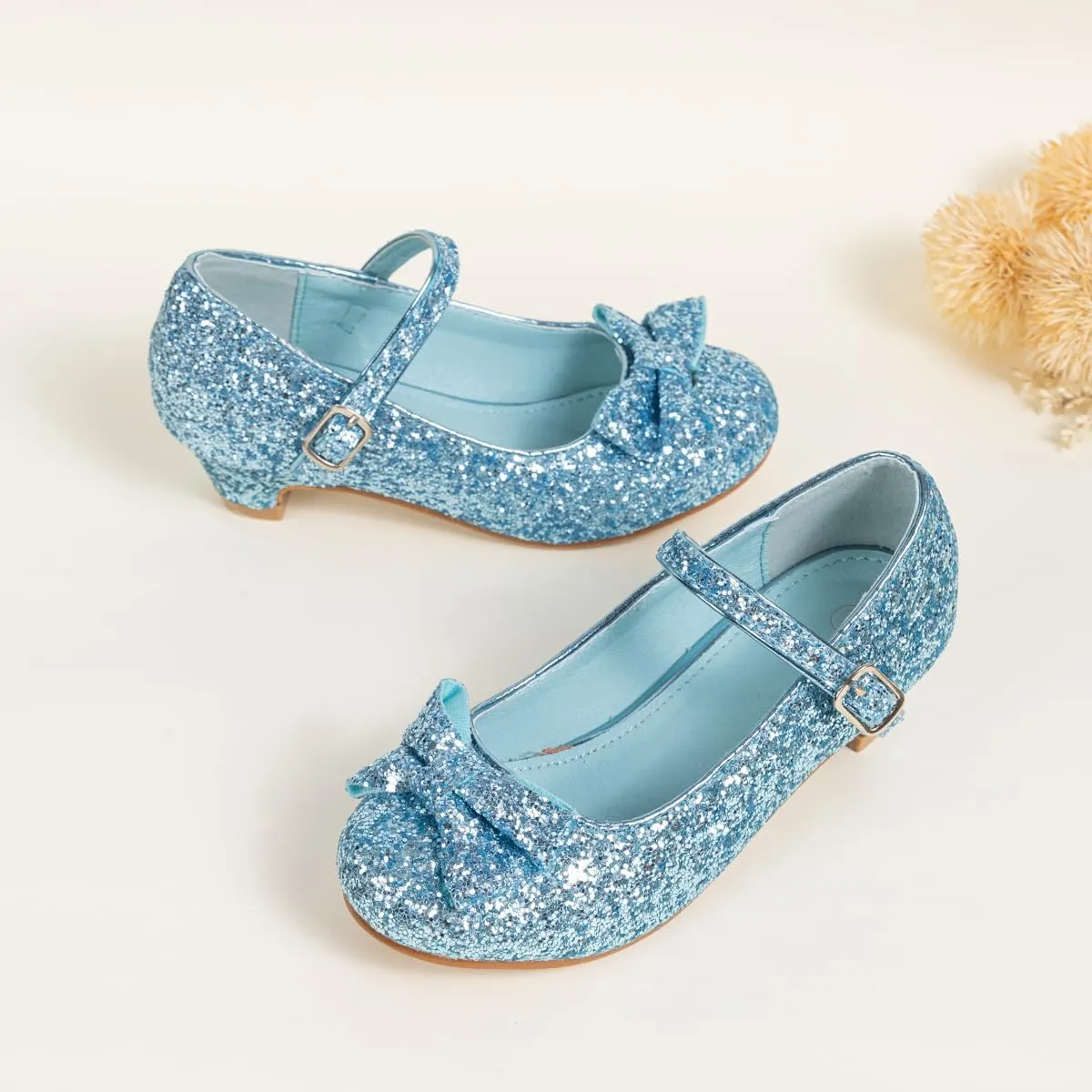 KIDSUN Toddler Little Girls Dress Shoes Heel Mary Jane Bow Flower Wedding Party Shoes Glitter Princess Shoes Flats (Toddler/Little Kid)