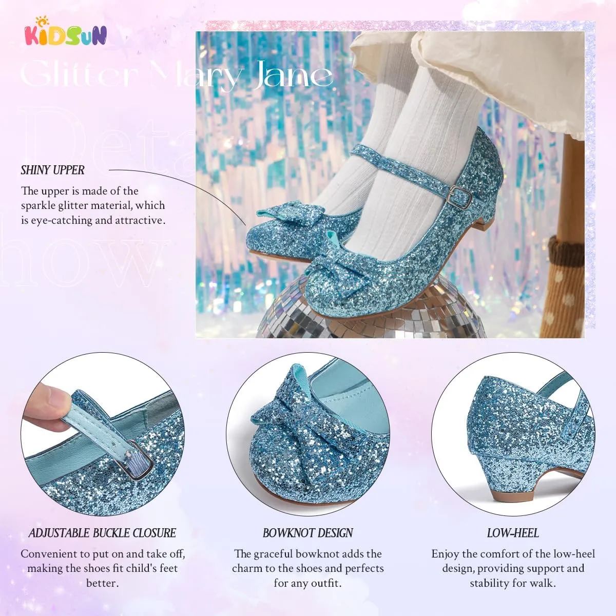KIDSUN Toddler Little Girls Dress Shoes Heel Mary Jane Bow Flower Wedding Party Shoes Glitter Princess Shoes Flats (Toddler/Little Kid)