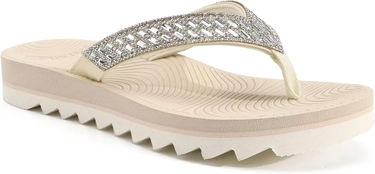 KuaiLu Womens Orthotic Flip Flops with Arch Support Yoga Mat Cushion Fashion Rhinestone Sandals Summer Walking Beach Travel Thong Slides Comfy Plantar Fasciitis Indoor Outdoor Sandles US5-11