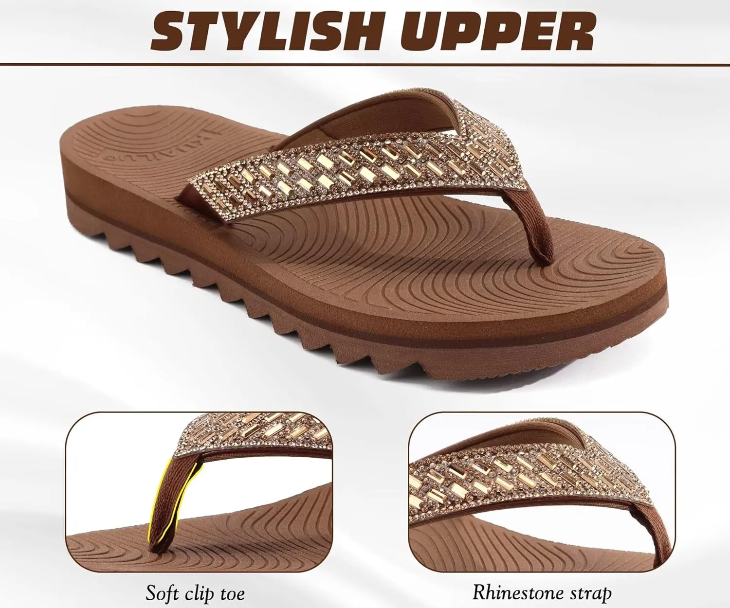 KuaiLu Womens Orthotic Flip Flops with Arch Support Yoga Mat Cushion Fashion Rhinestone Sandals Summer Walking Beach Travel Thong Slides Comfy Plantar Fasciitis Indoor Outdoor Sandles US5-11
