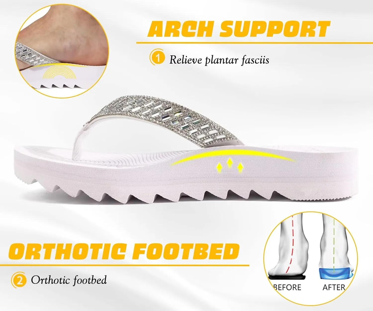 KuaiLu Womens Orthotic Flip Flops with Arch Support Yoga Mat Cushion Fashion Rhinestone Sandals Summer Walking Beach Travel Thong Slides Comfy Plantar Fasciitis Indoor Outdoor Sandles US5-11