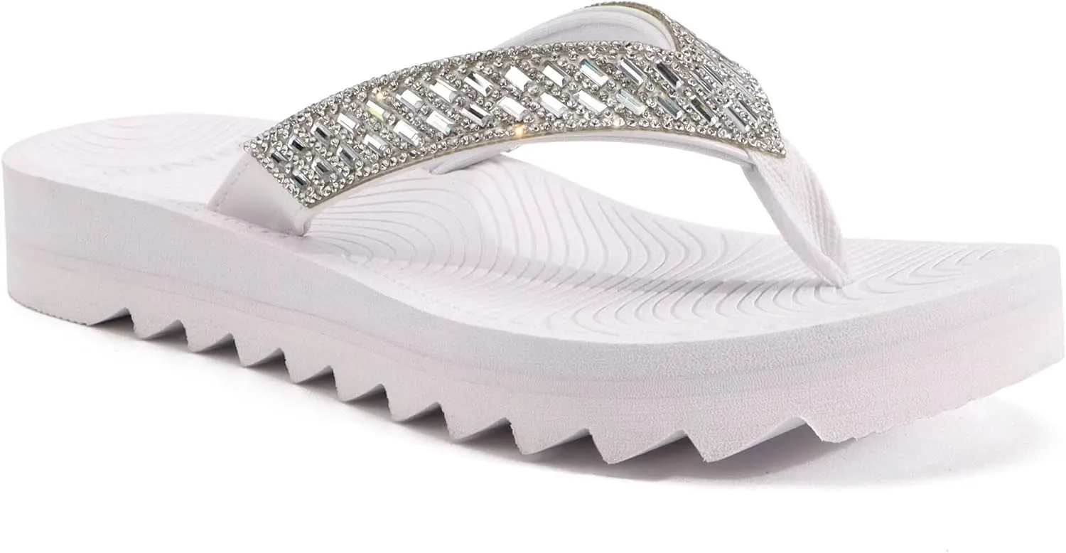 KuaiLu Womens Orthotic Flip Flops with Arch Support Yoga Mat Cushion Fashion Rhinestone Sandals Summer Walking Beach Travel Thong Slides Comfy Plantar Fasciitis Indoor Outdoor Sandles US5-11