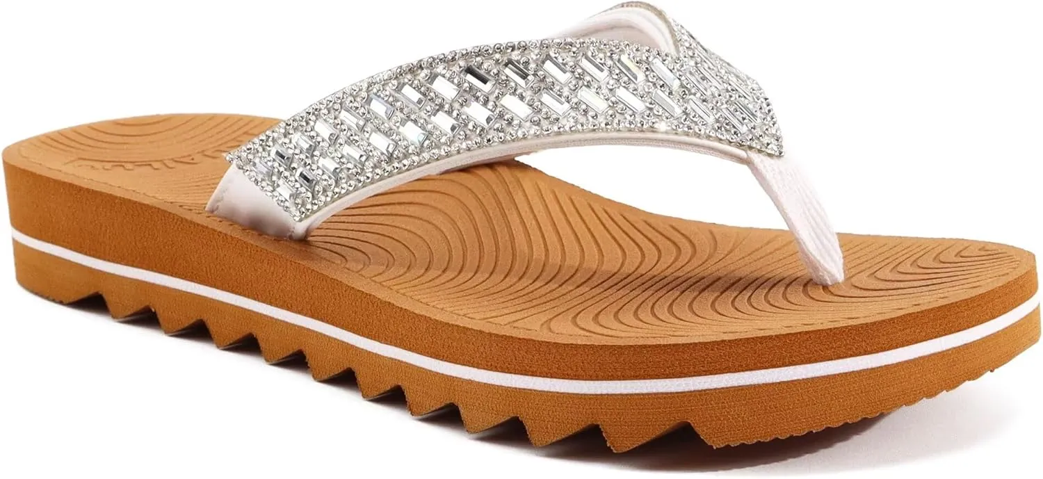 KuaiLu Womens Orthotic Flip Flops with Arch Support Yoga Mat Cushion Fashion Rhinestone Sandals Summer Walking Beach Travel Thong Slides Comfy Plantar Fasciitis Indoor Outdoor Sandles US5-11