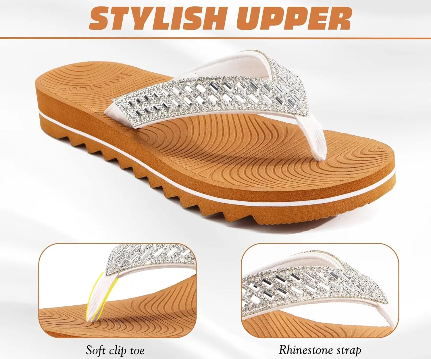 KuaiLu Womens Orthotic Flip Flops with Arch Support Yoga Mat Cushion Fashion Rhinestone Sandals Summer Walking Beach Travel Thong Slides Comfy Plantar Fasciitis Indoor Outdoor Sandles US5-11