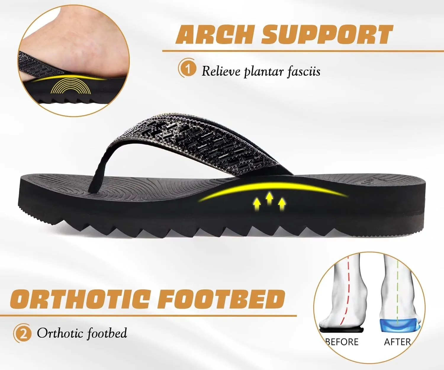 KuaiLu Womens Orthotic Flip Flops with Arch Support Yoga Mat Cushion Fashion Rhinestone Sandals Summer Walking Beach Travel Thong Slides Comfy Plantar Fasciitis Indoor Outdoor Sandles US5-11