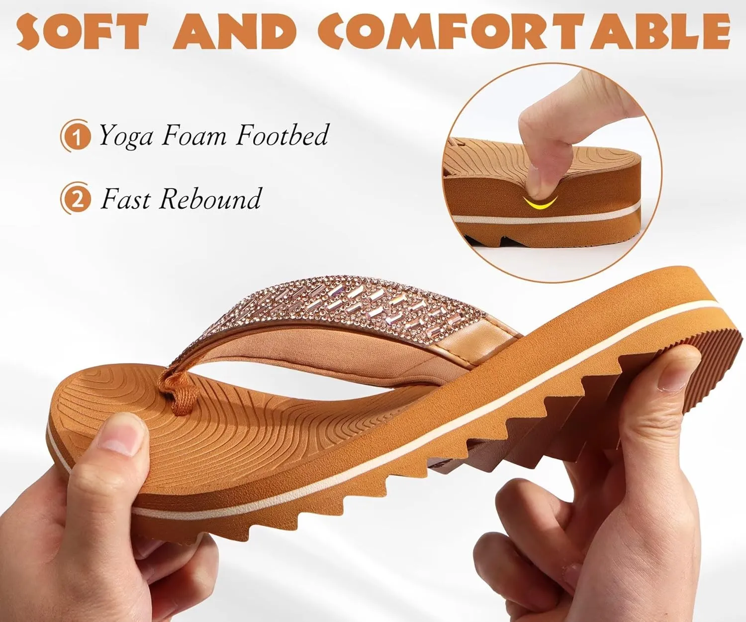 KuaiLu Womens Orthotic Flip Flops with Arch Support Yoga Mat Cushion Fashion Rhinestone Sandals Summer Walking Beach Travel Thong Slides Comfy Plantar Fasciitis Indoor Outdoor Sandles US5-11