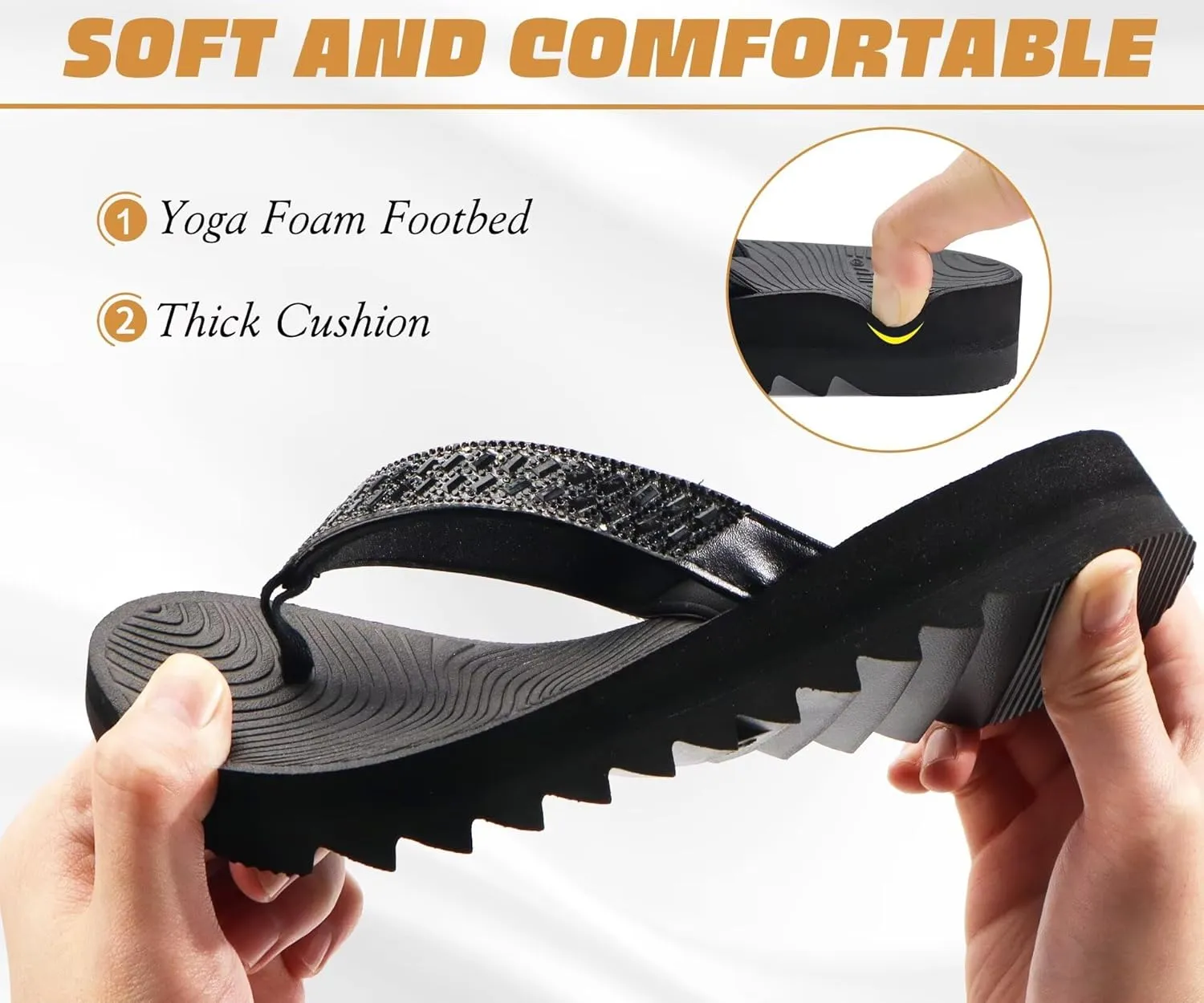 KuaiLu Womens Orthotic Flip Flops with Arch Support Yoga Mat Cushion Fashion Rhinestone Sandals Summer Walking Beach Travel Thong Slides Comfy Plantar Fasciitis Indoor Outdoor Sandles US5-11