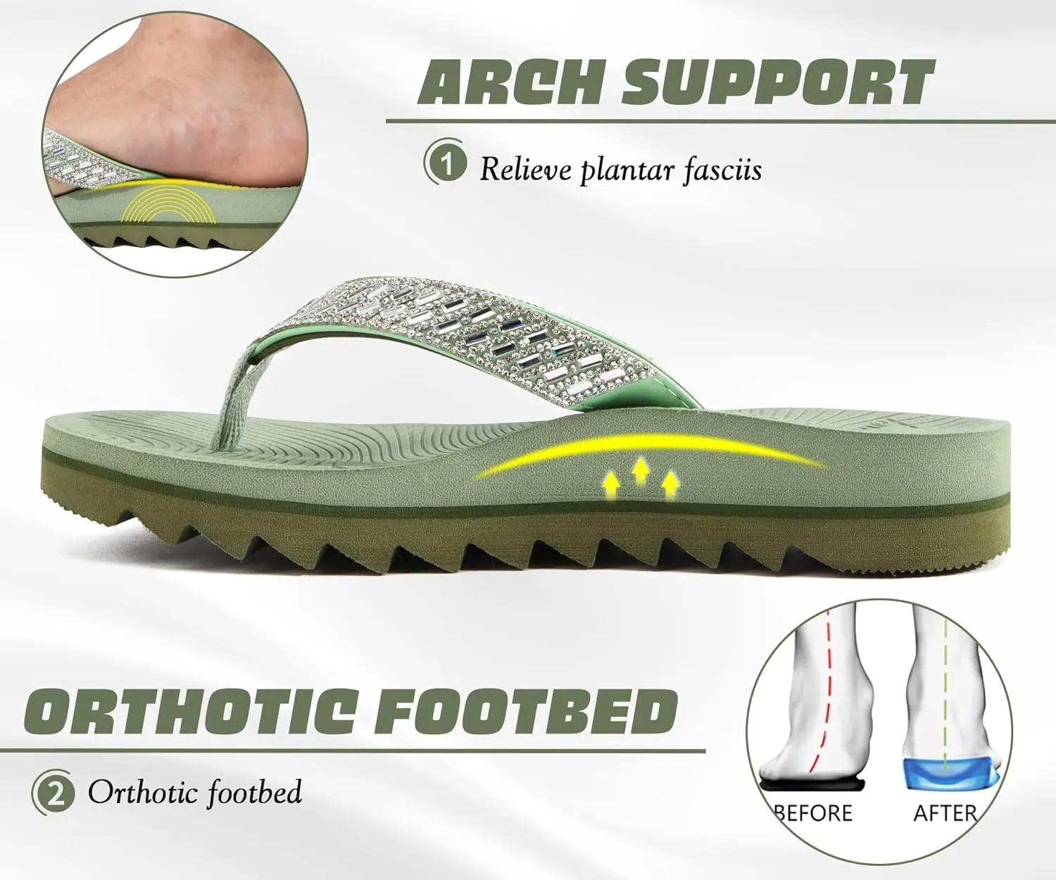 KuaiLu Womens Orthotic Flip Flops with Arch Support Yoga Mat Cushion Fashion Rhinestone Sandals Summer Walking Beach Travel Thong Slides Comfy Plantar Fasciitis Indoor Outdoor Sandles US5-11