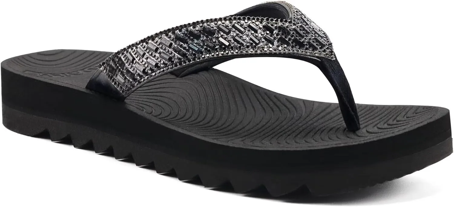 KuaiLu Womens Orthotic Flip Flops with Arch Support Yoga Mat Cushion Fashion Rhinestone Sandals Summer Walking Beach Travel Thong Slides Comfy Plantar Fasciitis Indoor Outdoor Sandles US5-11