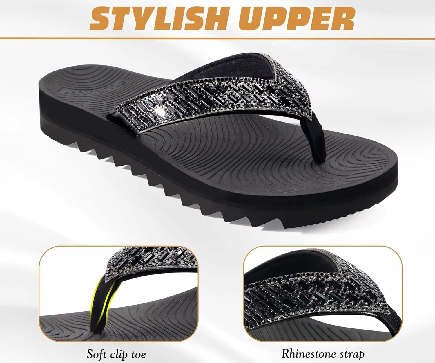 KuaiLu Womens Orthotic Flip Flops with Arch Support Yoga Mat Cushion Fashion Rhinestone Sandals Summer Walking Beach Travel Thong Slides Comfy Plantar Fasciitis Indoor Outdoor Sandles US5-11