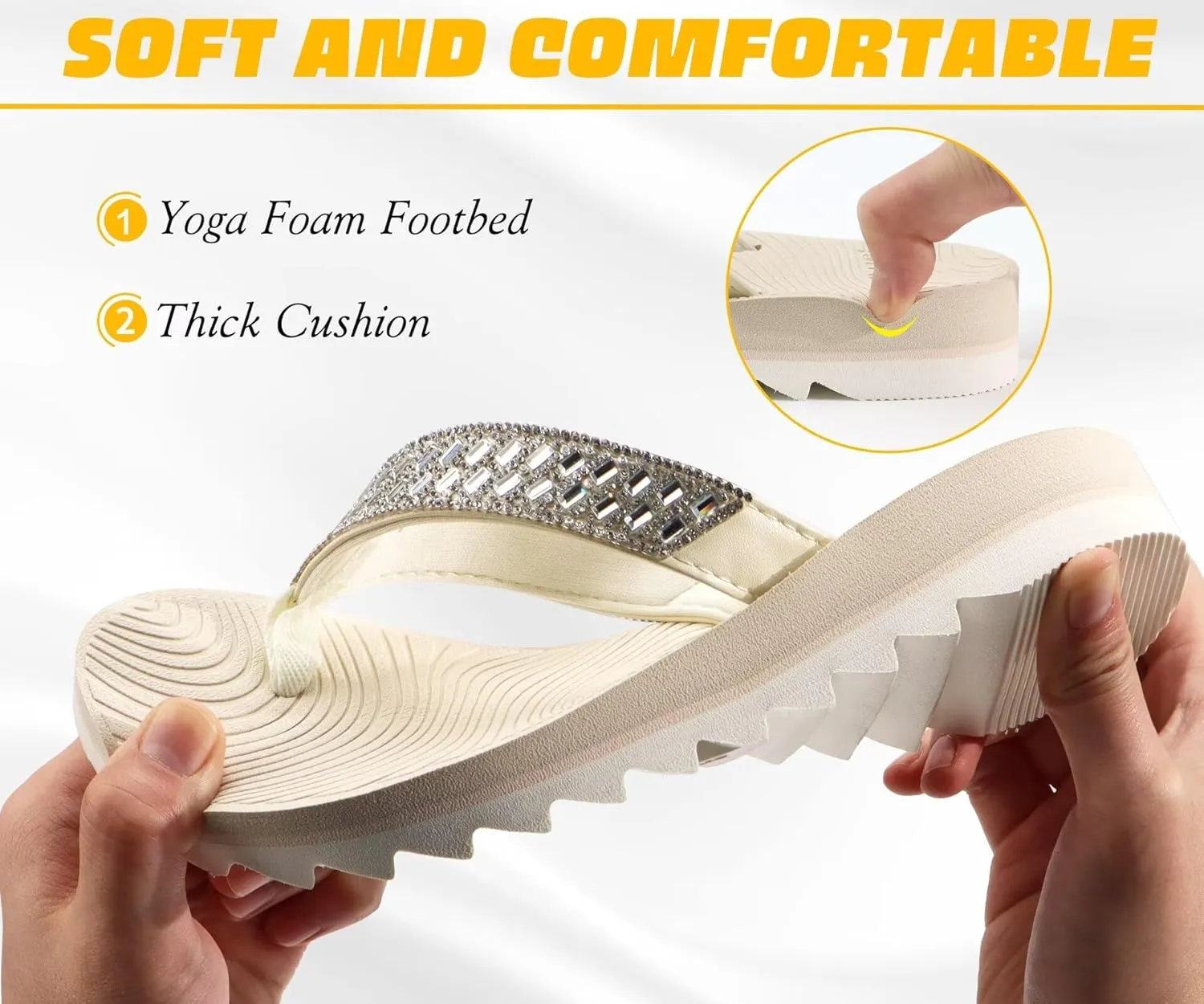 KuaiLu Womens Orthotic Flip Flops with Arch Support Yoga Mat Cushion Fashion Rhinestone Sandals Summer Walking Beach Travel Thong Slides Comfy Plantar Fasciitis Indoor Outdoor Sandles US5-11