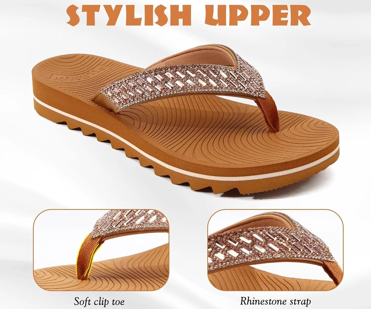 KuaiLu Womens Orthotic Flip Flops with Arch Support Yoga Mat Cushion Fashion Rhinestone Sandals Summer Walking Beach Travel Thong Slides Comfy Plantar Fasciitis Indoor Outdoor Sandles US5-11