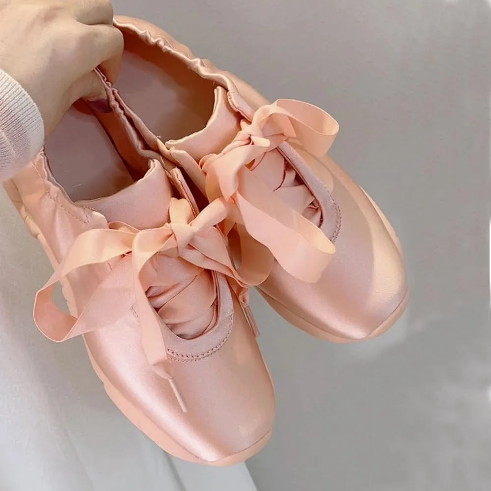 Lace-up Satin Sneakerina Flats Ballet Sneakers Women Girls Y2K Retro Lightweight Round Toes Breathable Non-Slip Sole Platform Tennis Sneakers Preppy Back to School Gifts Daughter Granddaughter