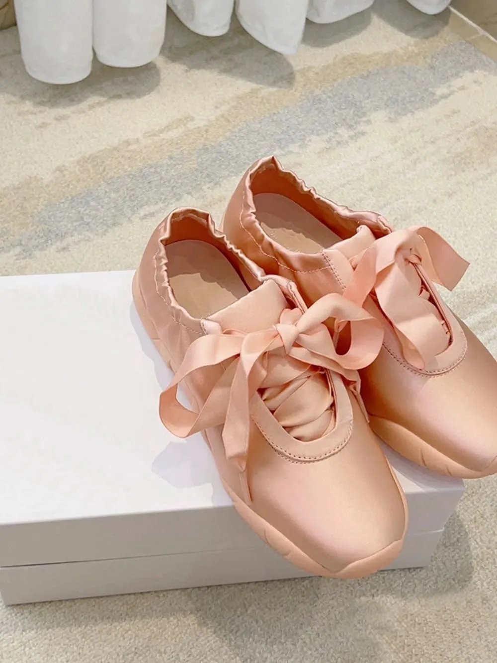 Lace-up Satin Sneakerina Flats Ballet Sneakers Women Girls Y2K Retro Lightweight Round Toes Breathable Non-Slip Sole Platform Tennis Sneakers Preppy Back to School Gifts Daughter Granddaughter