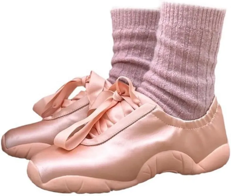Lace-up Satin Sneakerina Flats Ballet Sneakers Women Girls Y2K Retro Lightweight Round Toes Breathable Non-Slip Sole Platform Tennis Sneakers Preppy Back to School Gifts Daughter Granddaughter