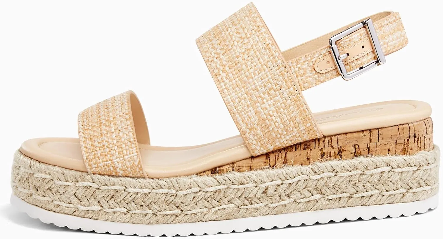 LAICIGO Women’s Open Toe Wedge Platform Espadrilles Ankle Strap Buckle Faux Leather Cork Rubber Summer Sandals