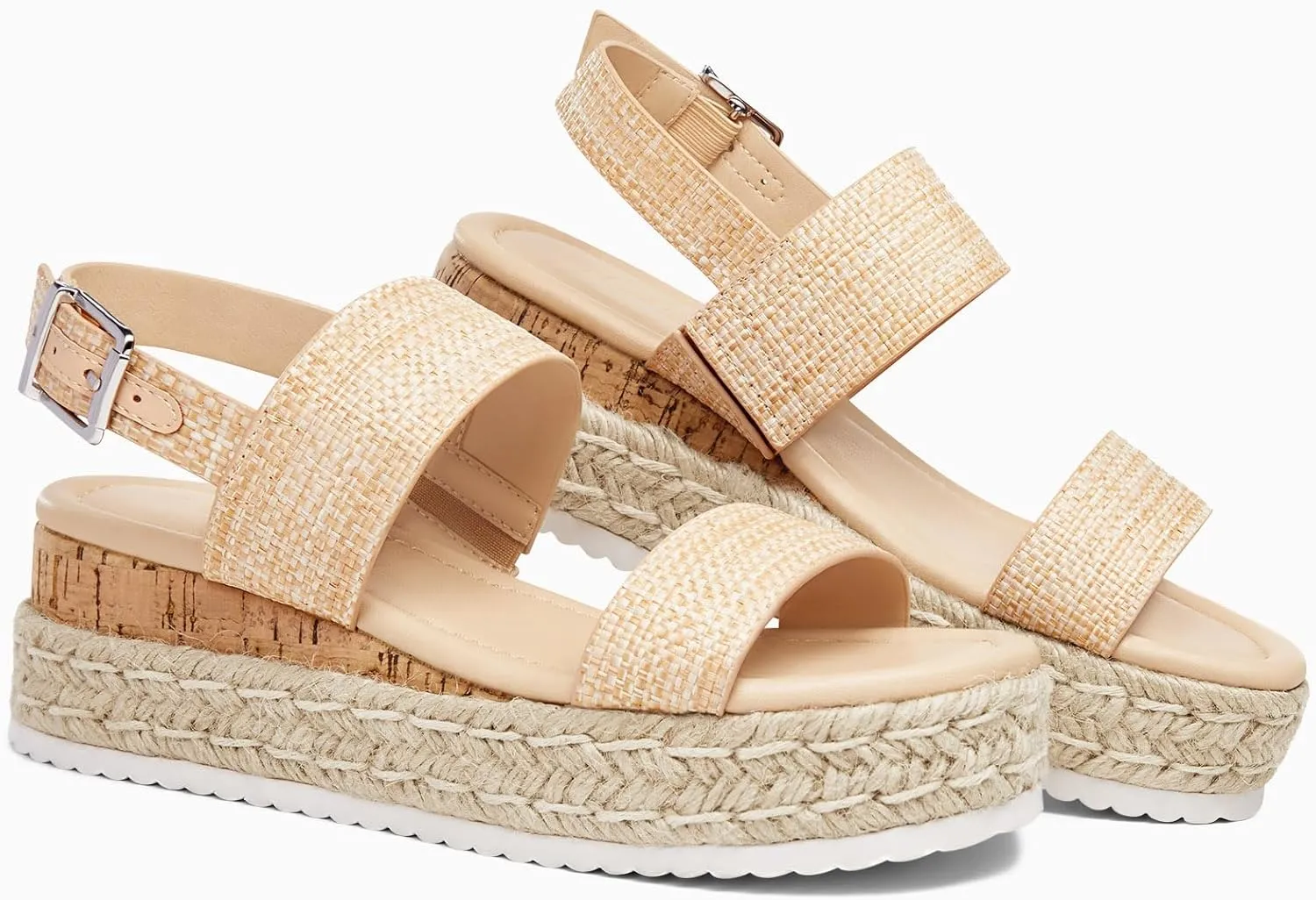 LAICIGO Women’s Open Toe Wedge Platform Espadrilles Ankle Strap Buckle Faux Leather Cork Rubber Summer Sandals