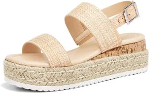 LAICIGO Women’s Open Toe Wedge Platform Espadrilles Ankle Strap Buckle Faux Leather Cork Rubber Summer Sandals
