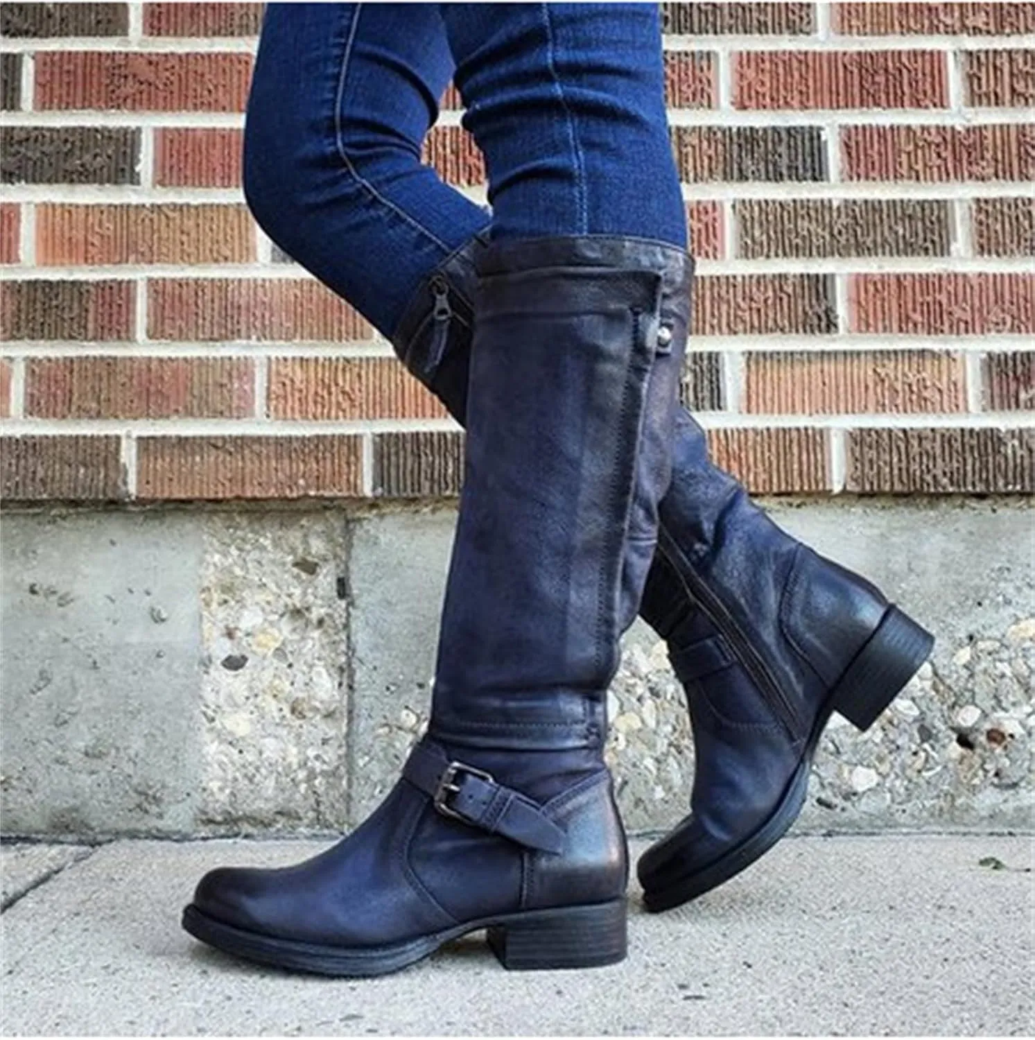 Lausiuoe Boots For Women Low Heel Mid Calf Comfortable Winter Boots Side Zip Slouchy Western Cowboy Warm Non Slip Outdoor Shoes