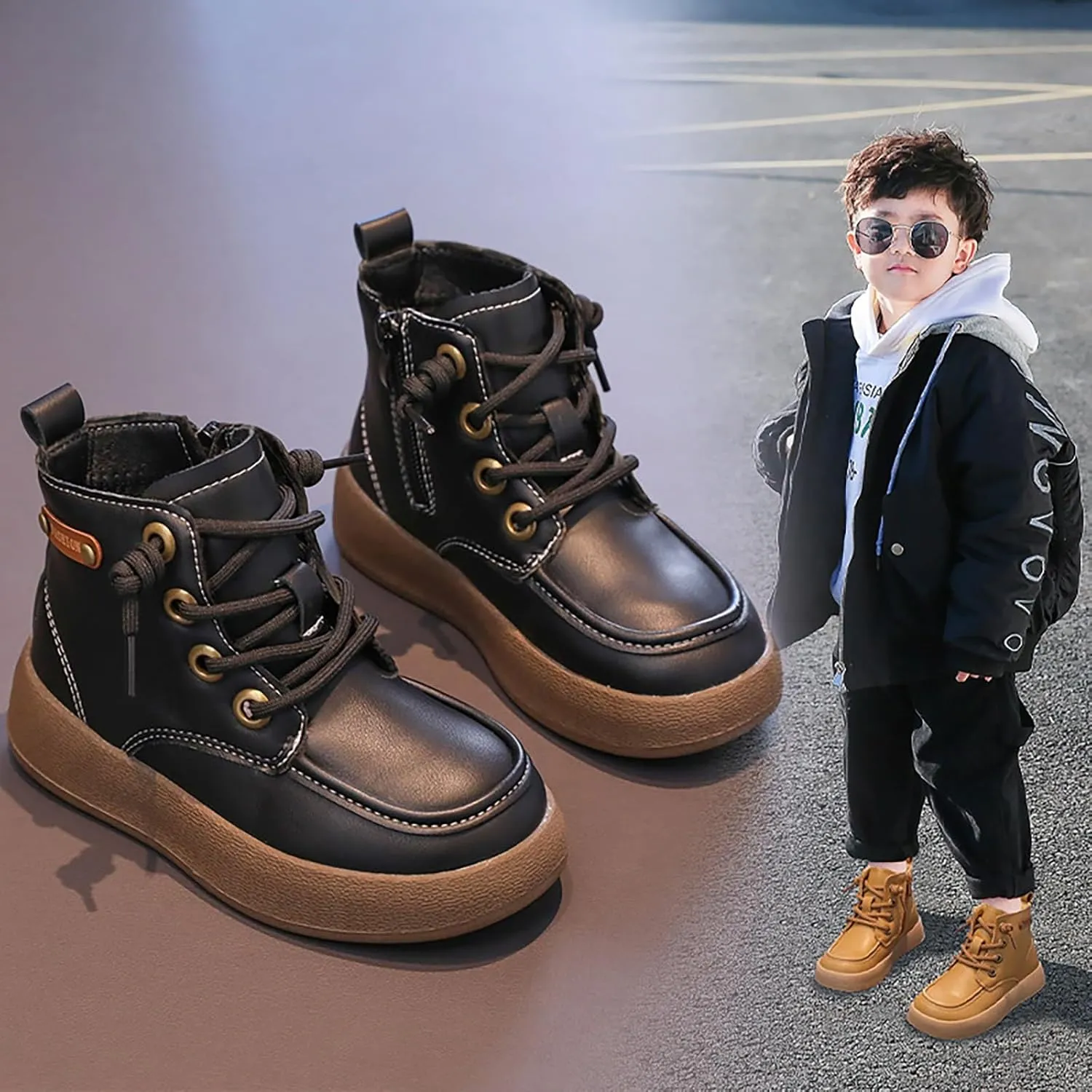Leather Soft Snow Booties For Boys Kids Lace-Up Outdoor Sport Boots Shoes Fashion Casual 𝐖aterproof Flat Shoes