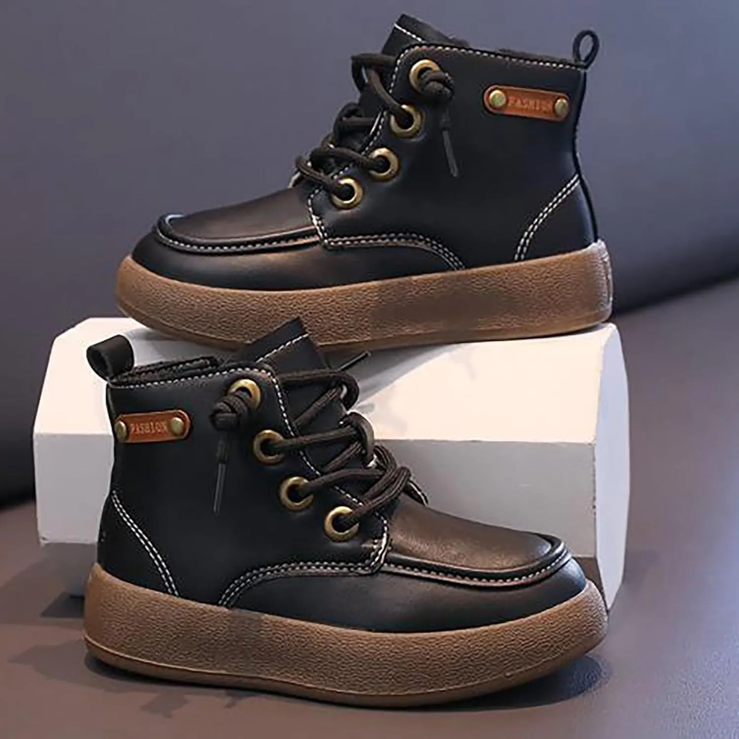 Leather Soft Snow Booties For Boys Kids Lace-Up Outdoor Sport Boots Shoes Fashion Casual 𝐖aterproof Flat Shoes