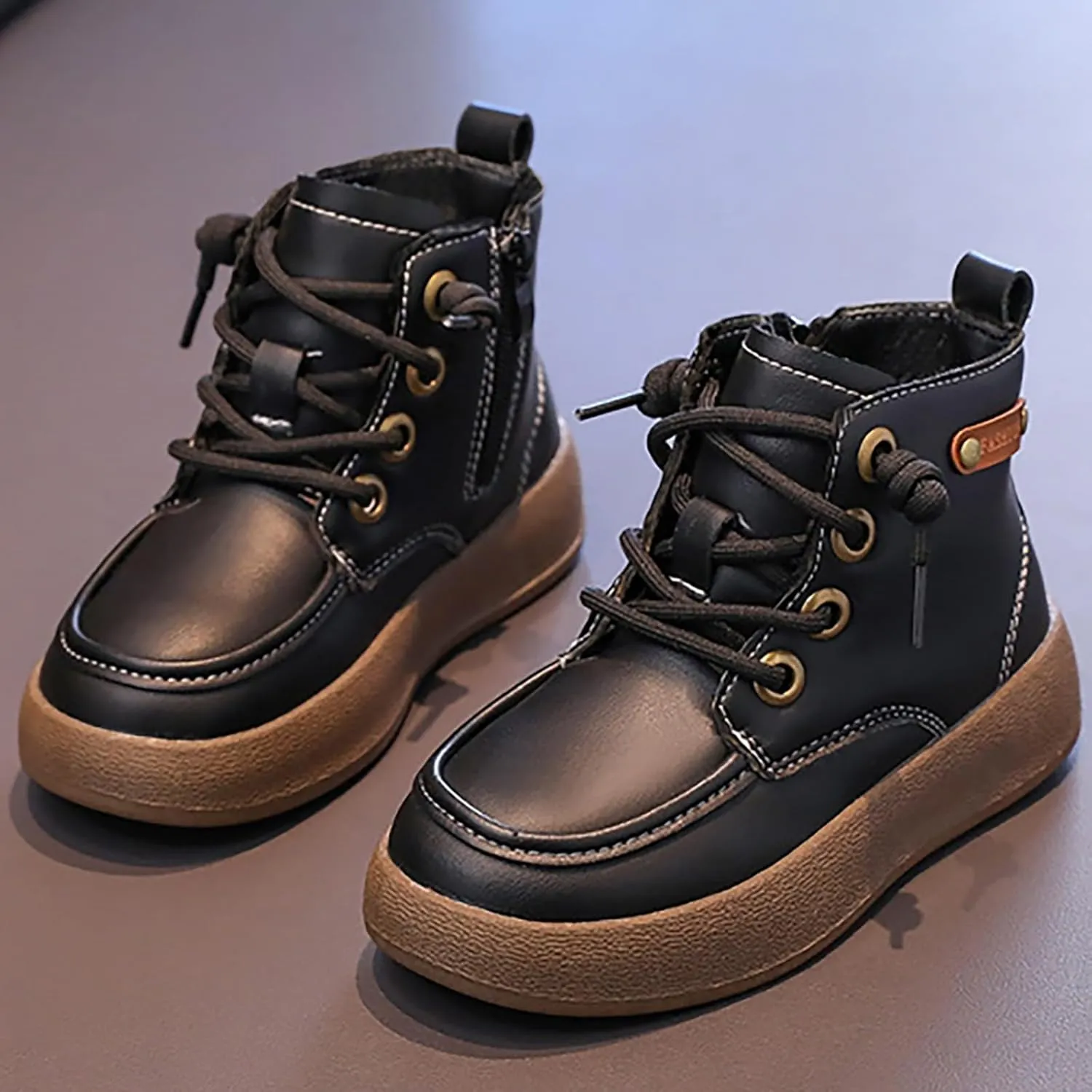Leather Soft Snow Booties For Boys Kids Lace-Up Outdoor Sport Boots Shoes Fashion Casual 𝐖aterproof Flat Shoes