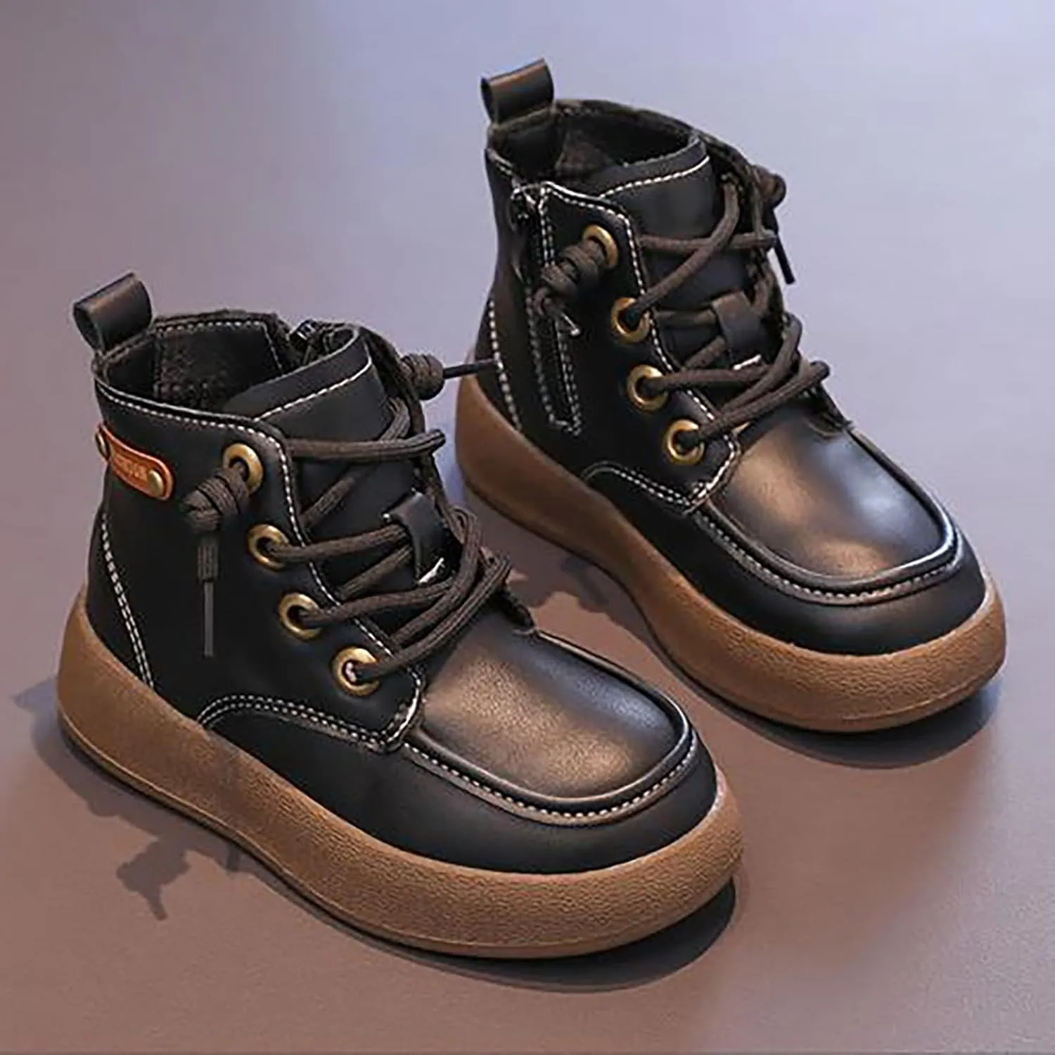 Leather Soft Snow Booties For Boys Kids Lace-Up Outdoor Sport Boots Shoes Fashion Casual 𝐖aterproof Flat Shoes