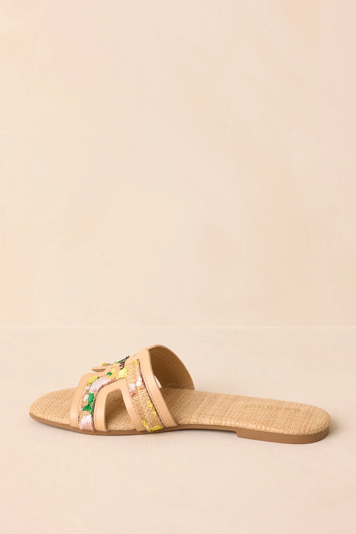 Let's Get Lost Natural Raffia Floral Embroidered Flat Sandals