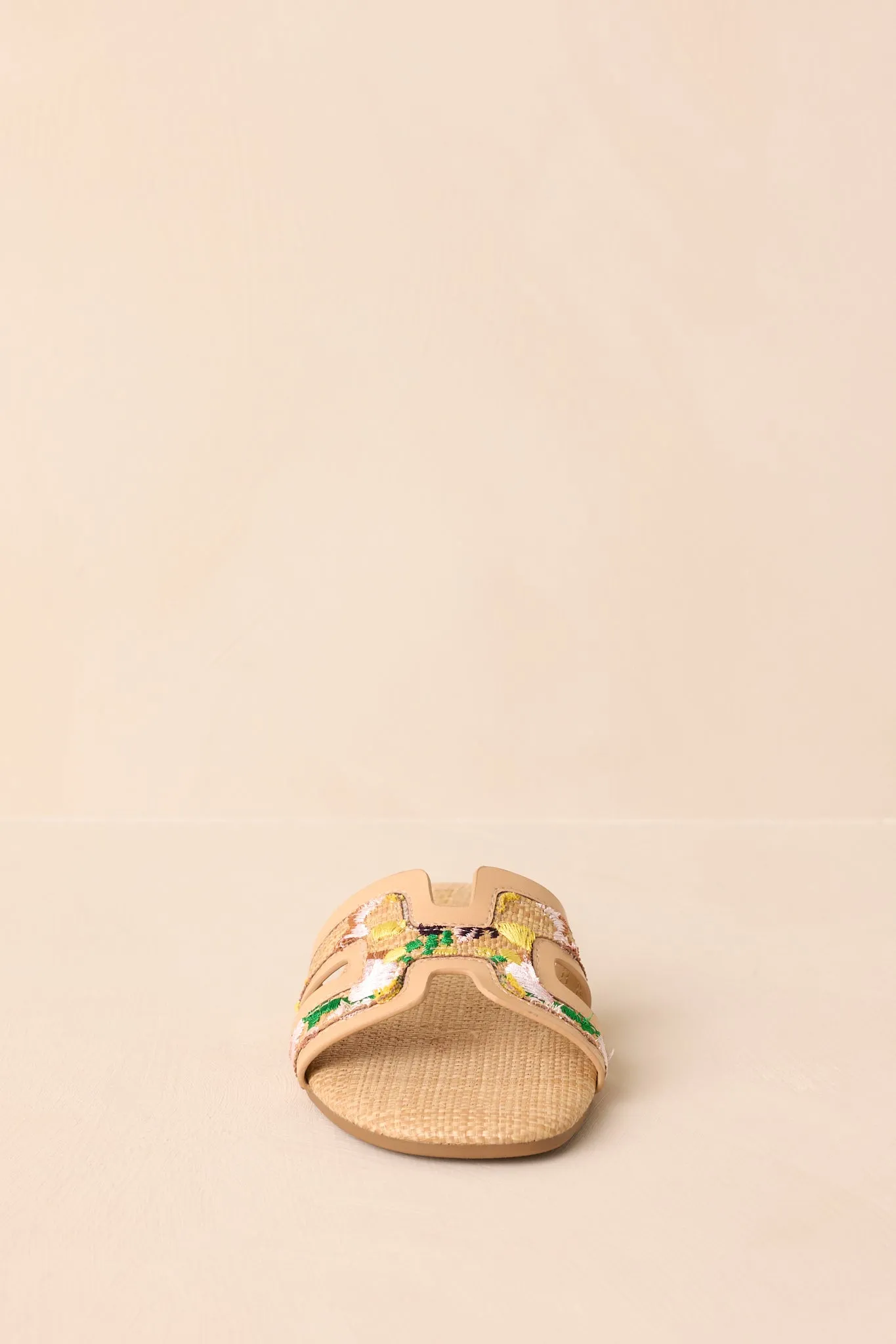 Let's Get Lost Natural Raffia Floral Embroidered Flat Sandals