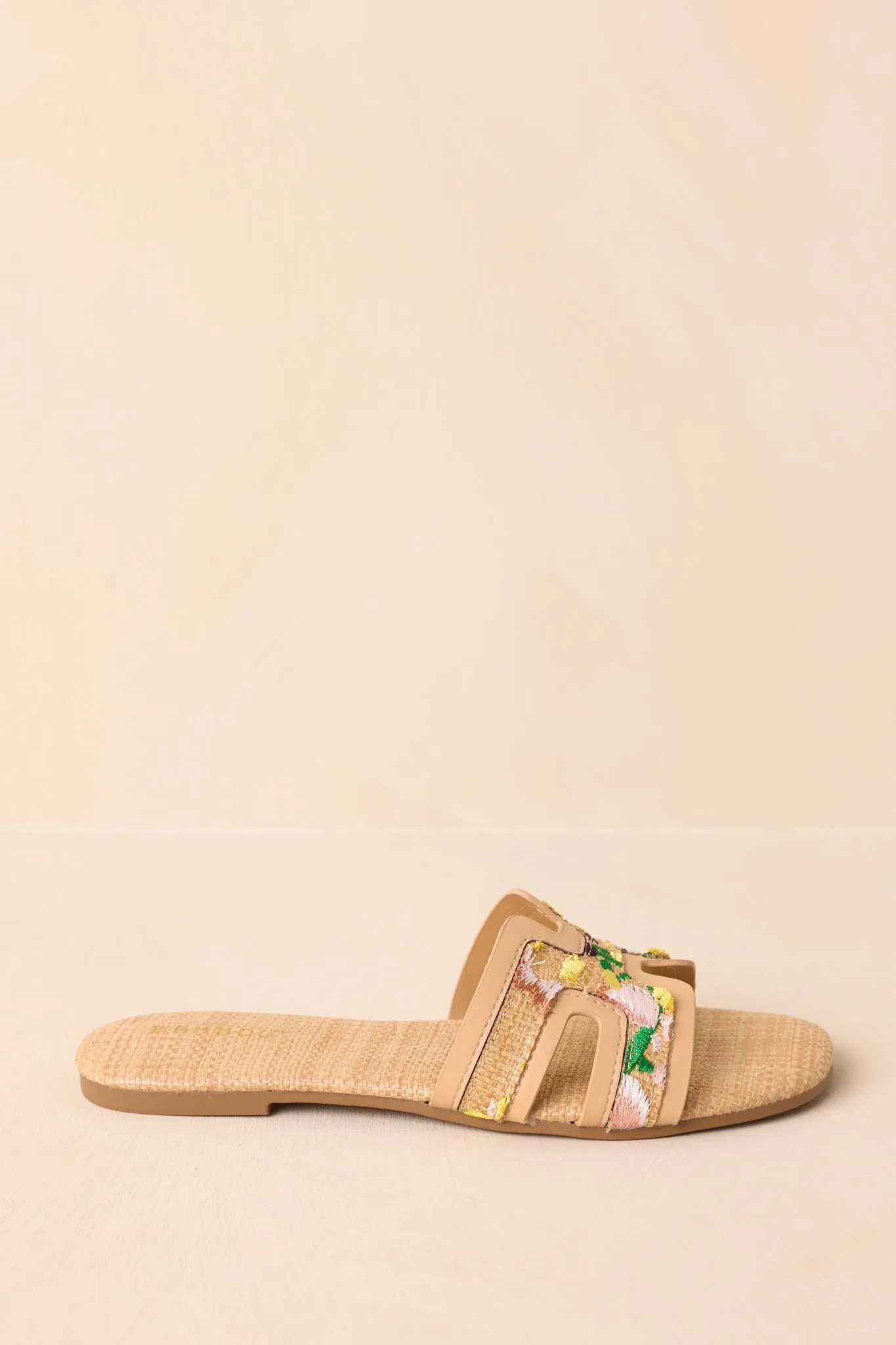 Let's Get Lost Natural Raffia Floral Embroidered Flat Sandals