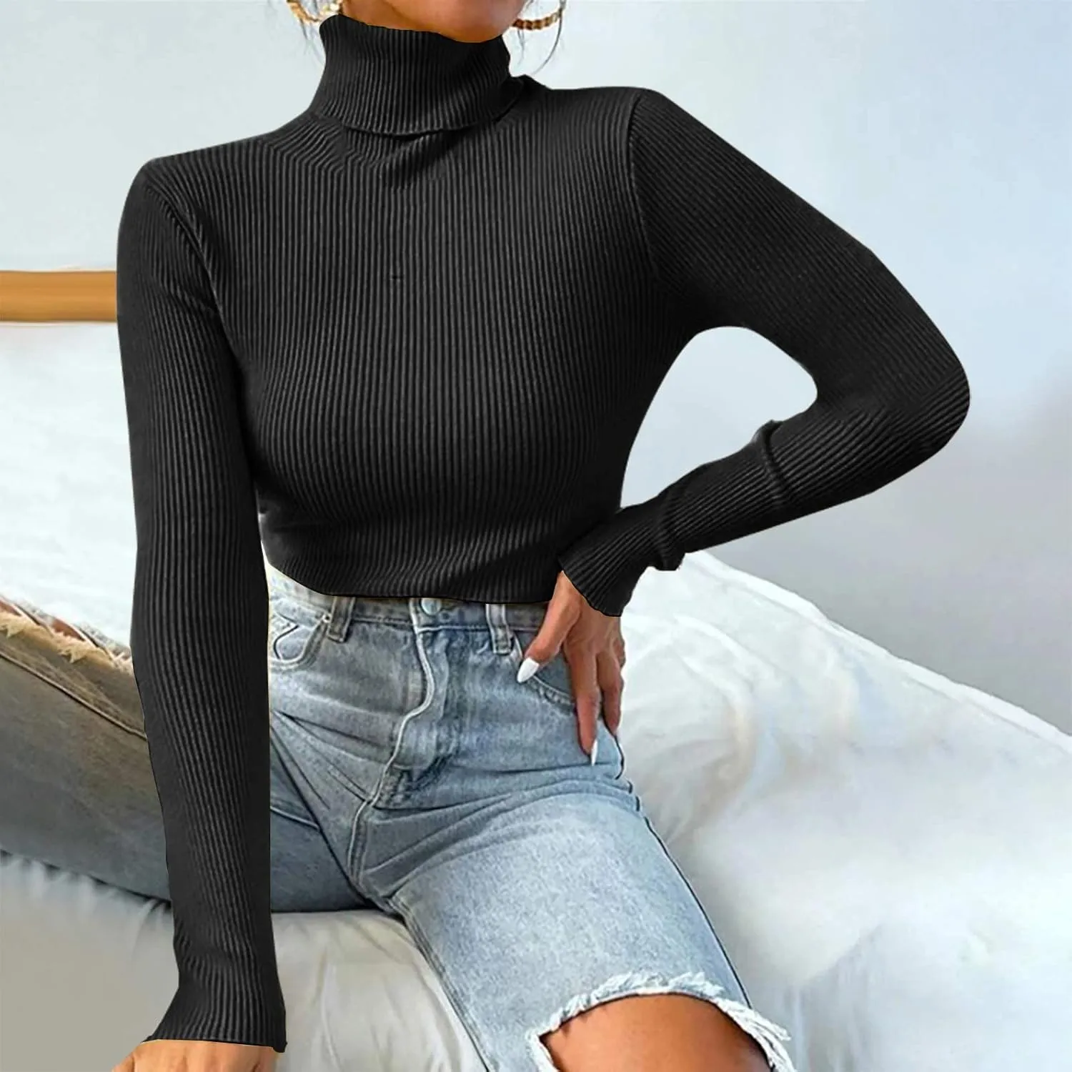 Lightweight Fitted Sweaters for Women Long Sleeve Turtleneck Ribbed Knit Pullover Sweater Casual Basic Tee Tops