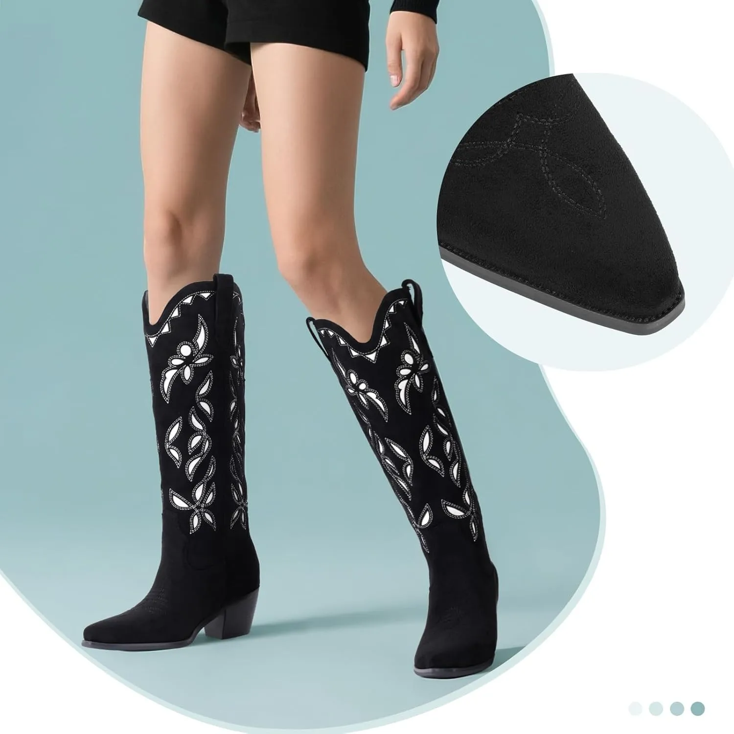 LingxiaUne Women’s Western Cowboy Boots – Intricate Floral Embroidery High Shaft Boots with Wooden Heel