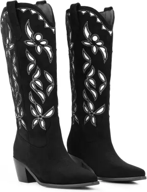 LingxiaUne Women’s Western Cowboy Boots – Intricate Floral Embroidery High Shaft Boots with Wooden Heel
