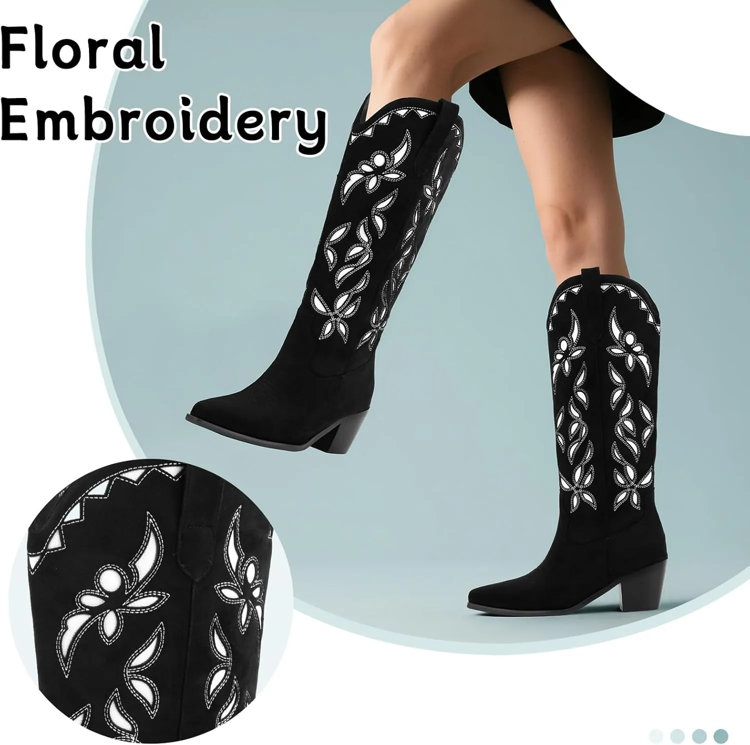 LingxiaUne Women’s Western Cowboy Boots – Intricate Floral Embroidery High Shaft Boots with Wooden Heel