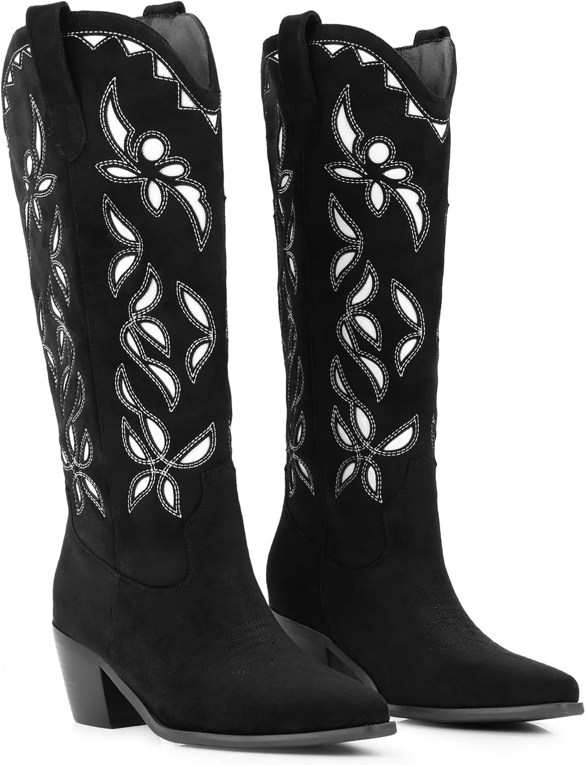 LingxiaUne Women’s Western Cowboy Boots – Intricate Floral Embroidery High Shaft Boots with Wooden Heel