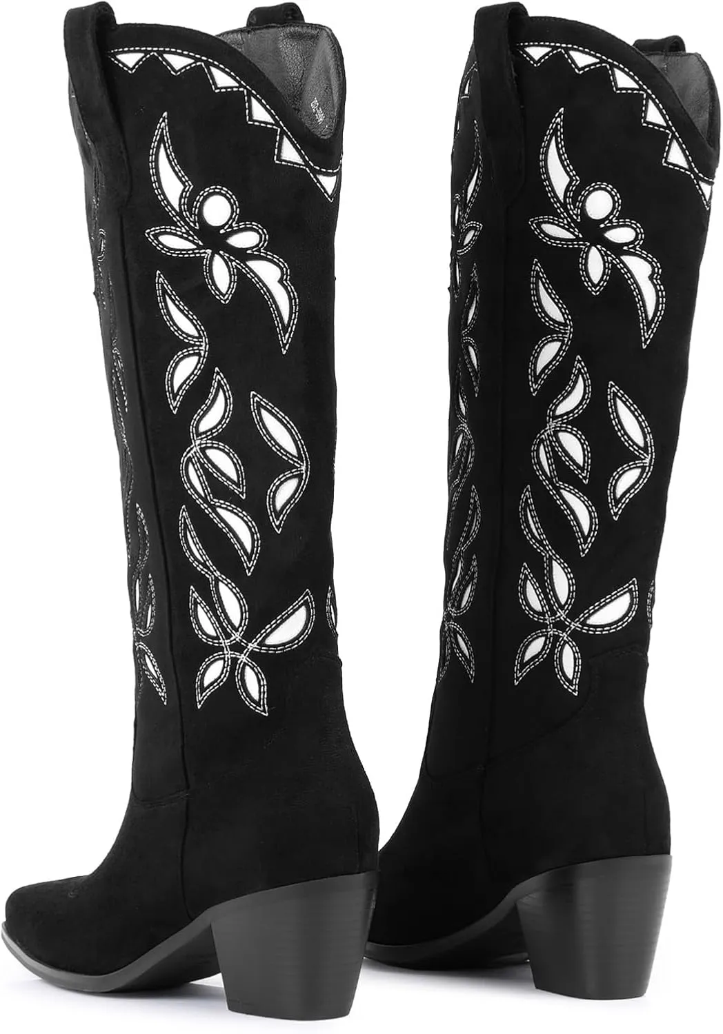 LingxiaUne Women’s Western Cowboy Boots – Intricate Floral Embroidery High Shaft Boots with Wooden Heel