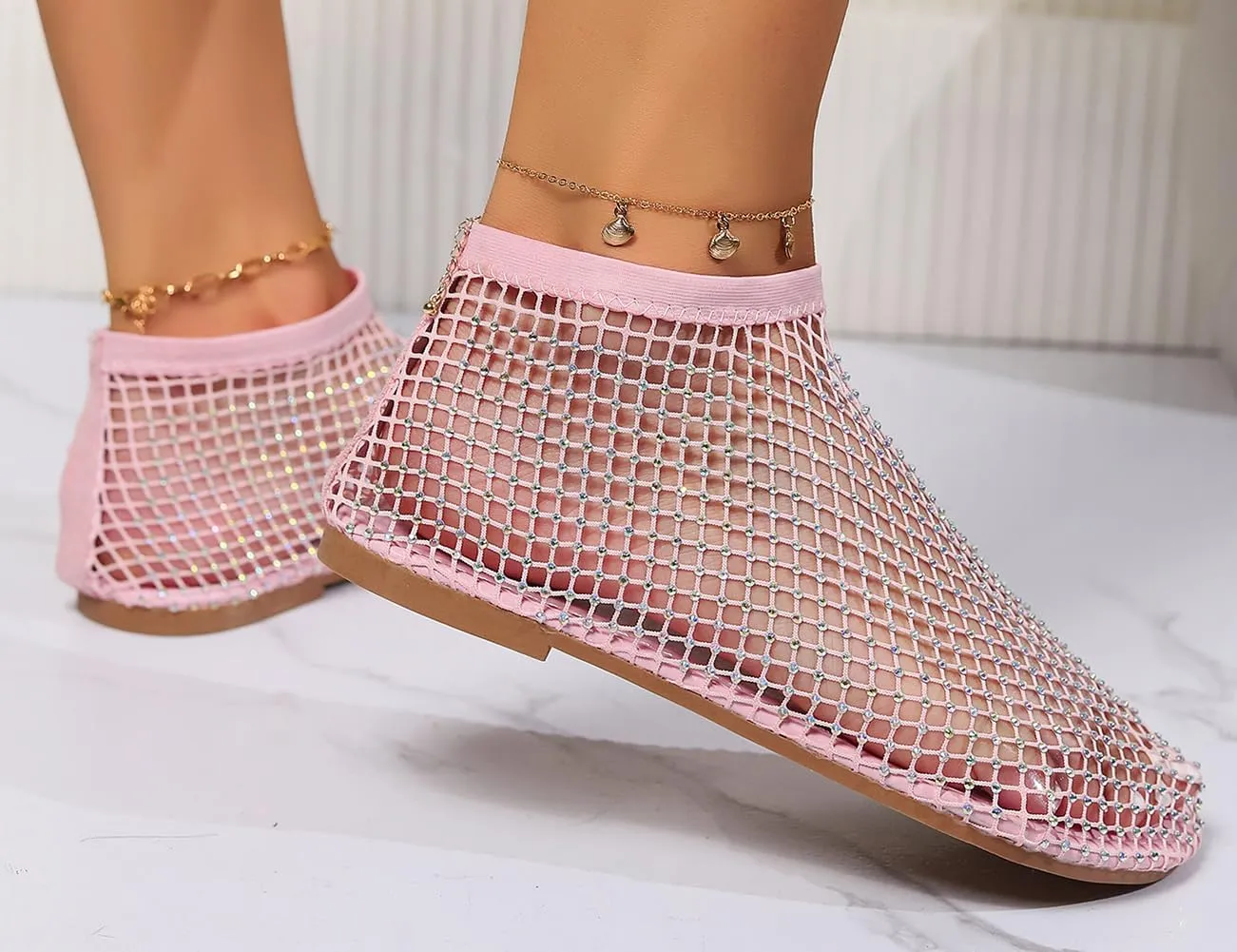 Litex Ultra Comfortable Shiny Gem Mesh Flats, Shiny Gem Mesh Flats, Casual Elasticity Slip On Mesh Flat Shoes for Women