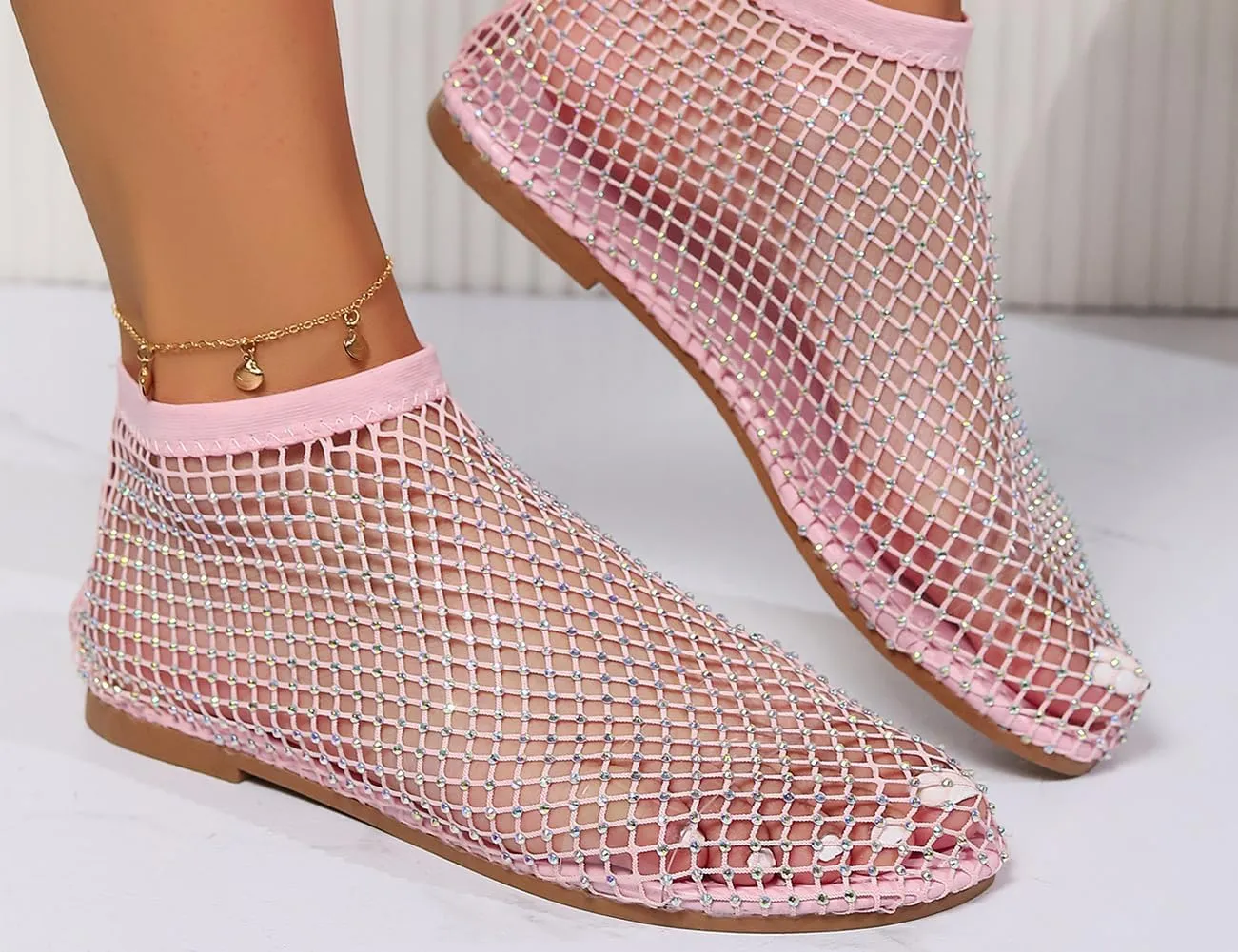 Litex Ultra Comfortable Shiny Gem Mesh Flats, Shiny Gem Mesh Flats, Casual Elasticity Slip On Mesh Flat Shoes for Women