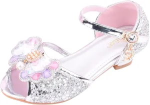 Little Girls Glitter Sandals Low Heels Shiny Dress Shoes with Bow Party Wedding Flower Girl Shoe for Toddler Kids