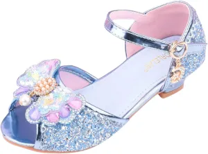 Little Girls Glitter Sandals Low Heels Shiny Dress Shoes with Bow Party Wedding Flower Girl Shoe for Toddler Kids